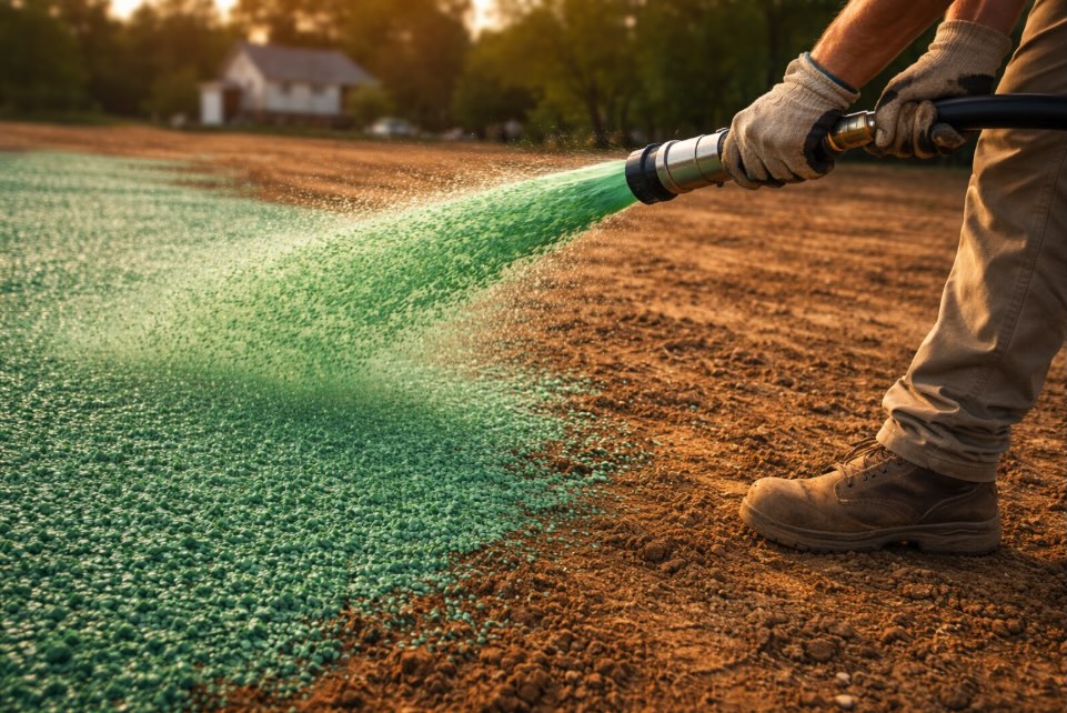 Close-up of a worker in work boots and gloves holding a spray hose applying bright green hydroseeding mixture to bare soil, green slurry coating the ground in an even layer, shallow depth of field, golden hour outdoor lighting