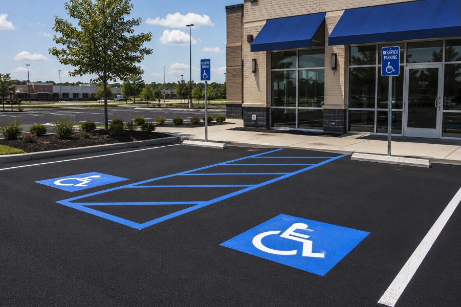 Freshly painted ADA accessible parking spaces with blue and white markings in a New Jersey commercial parking lot.