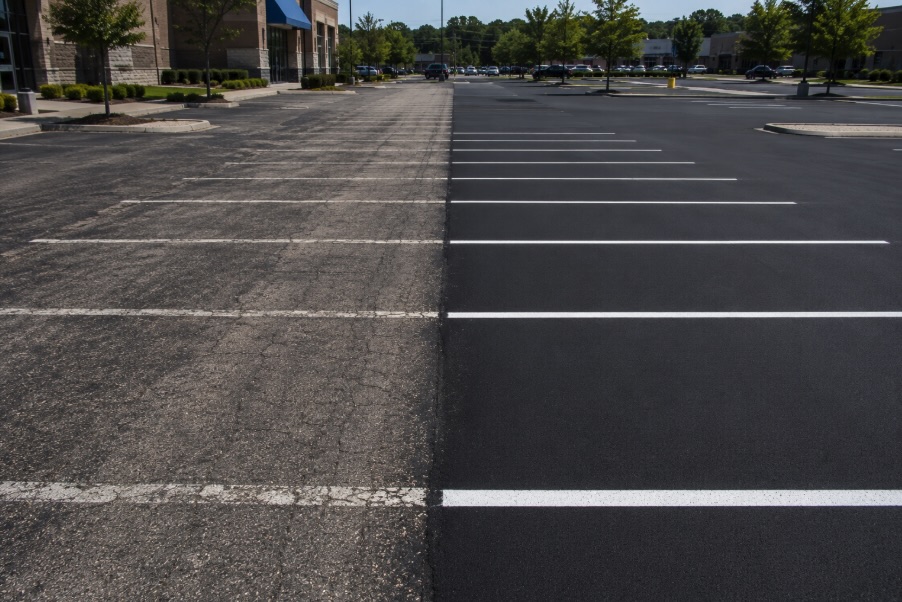 Side by side comparison of faded parking lot striping and freshly painted lines on a commercial asphalt lot.