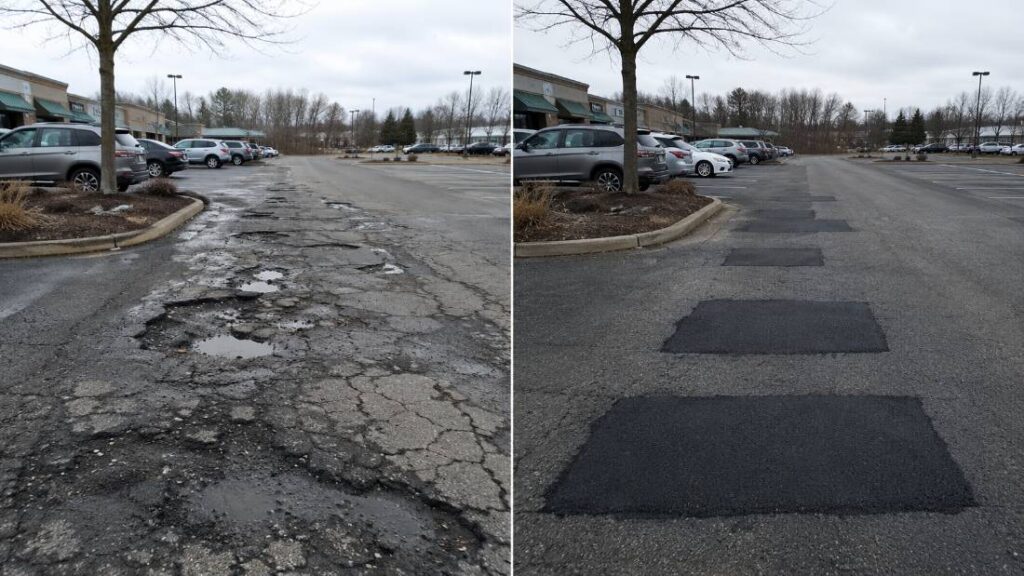 Before and after comparison of pothole repair on a New Jersey commercial parking lot