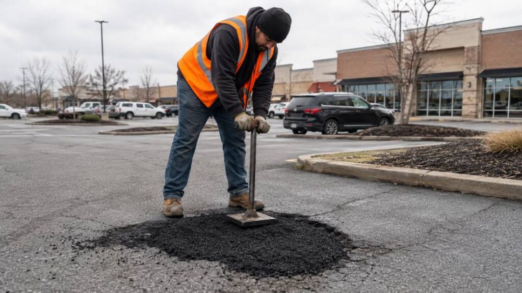 Worker filling a pothole with cold patch asphalt in a commercial parking lot in New Jersey