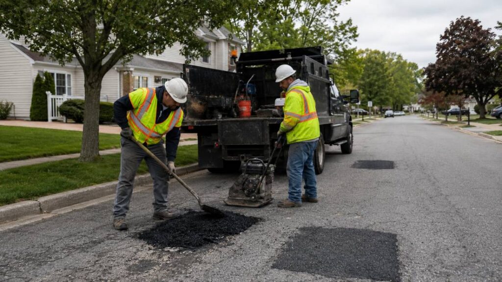 Construction crew repairing potholes on a subdivision road in Monmouth County New Jersey